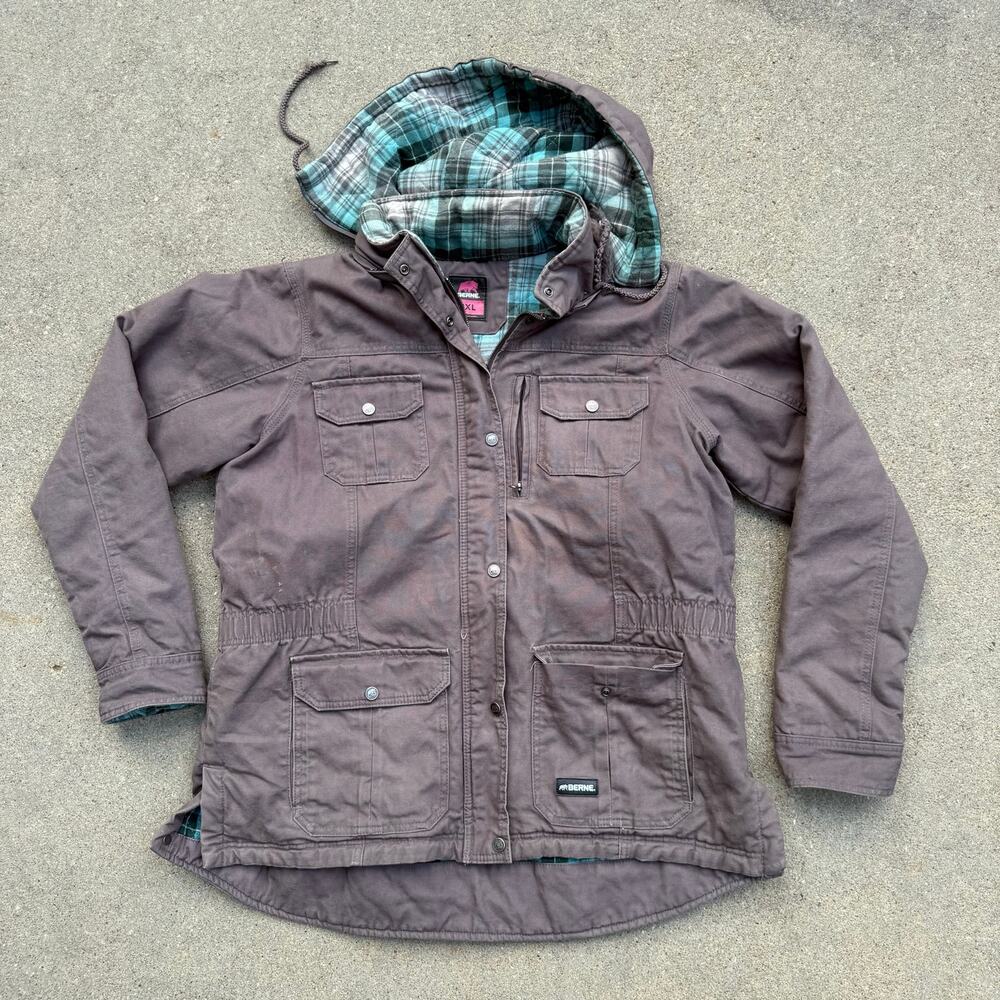 Berne Ladies Softstone Duck Barn Coat 2XL Brown Gray Flannel Lined WCH65TNM